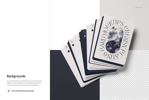 PSD mockup of playing cards fanned out, showing both patterned card backs and face cards with a minimalist background.