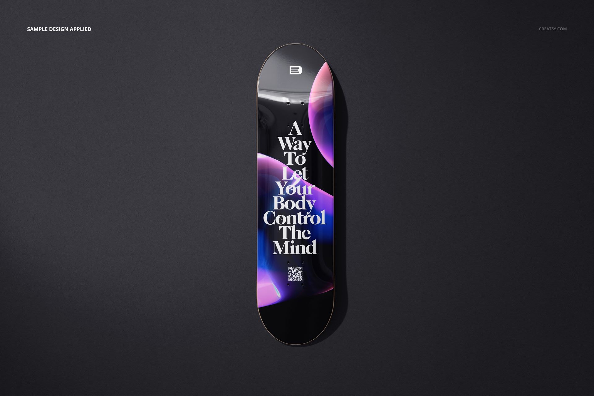 PSD mockup of a skateboard deck shown from a top view, with glossy finish and vibrant swirling colors on a dark background.