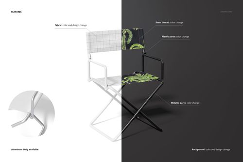 Director's chair mockup shown in split view with customizable fabric, metal, and plastic parts, on a two-tone background.