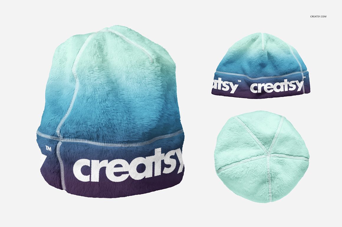 PSD mockup of a soft fleece beanie featuring blue and teal colors, visible from multiple angles on a light backdrop.