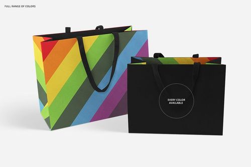 Two paper bags shown side by side, one featuring colorful diagonal stripes and the other in solid black, mockup style.