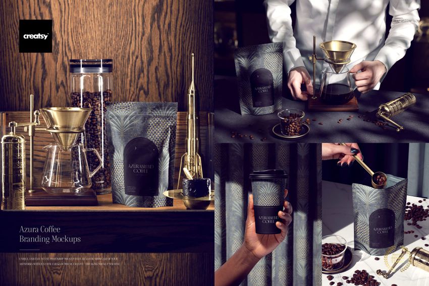 Coffee packaging mockup set featuring pouches and cups with geometric patterns, shown in a café setting with brewing props.