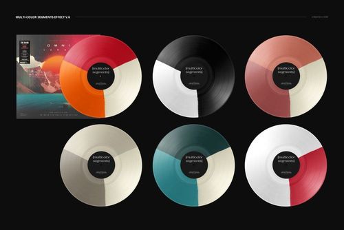 PSD mockup set showing six vinyl records with divided color sections and one cover, all presented on a dark surface.