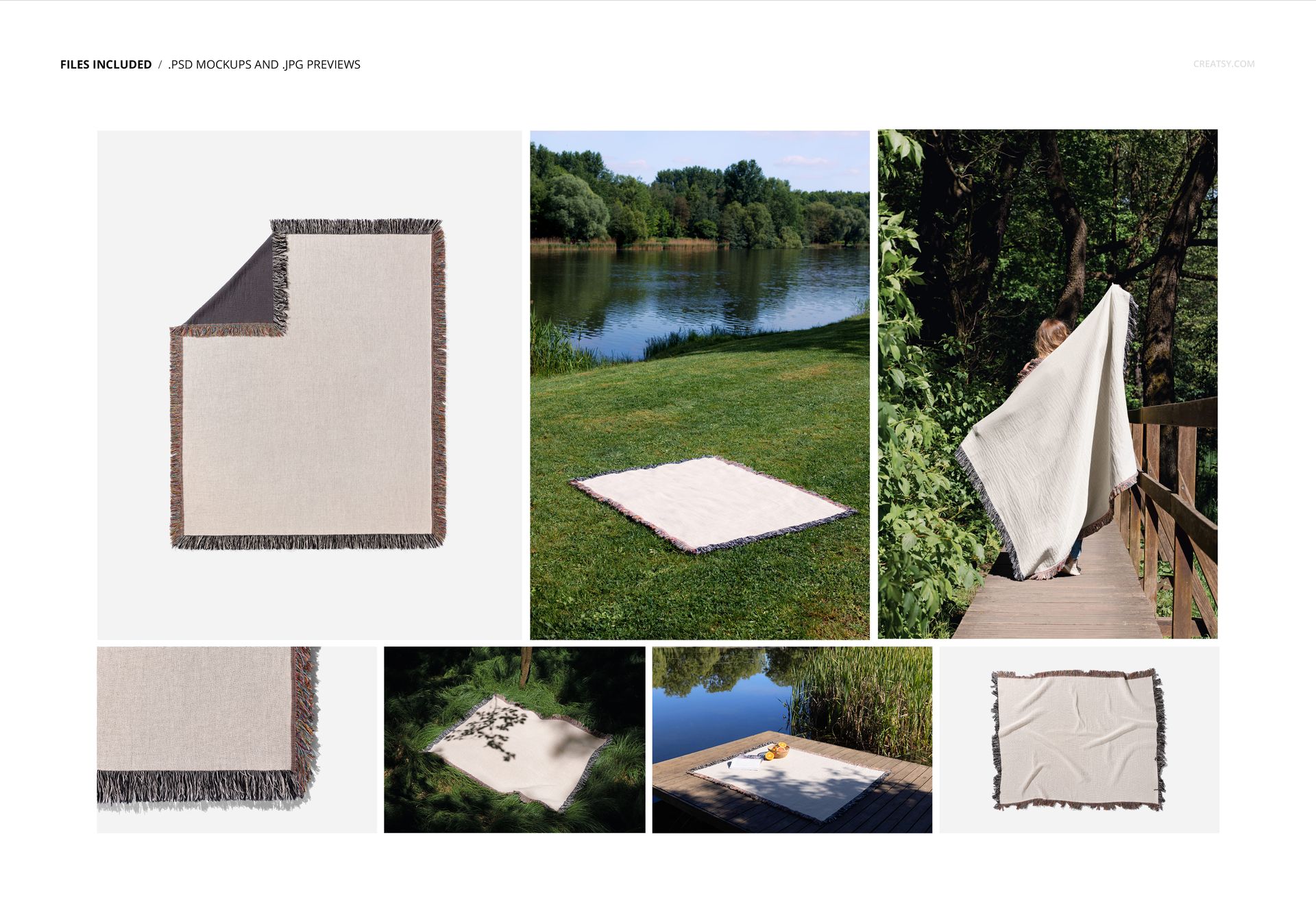 PSD mockup set showing a jacquard fringed throw blanket on wooden platforms, grass, and a neutral studio background.