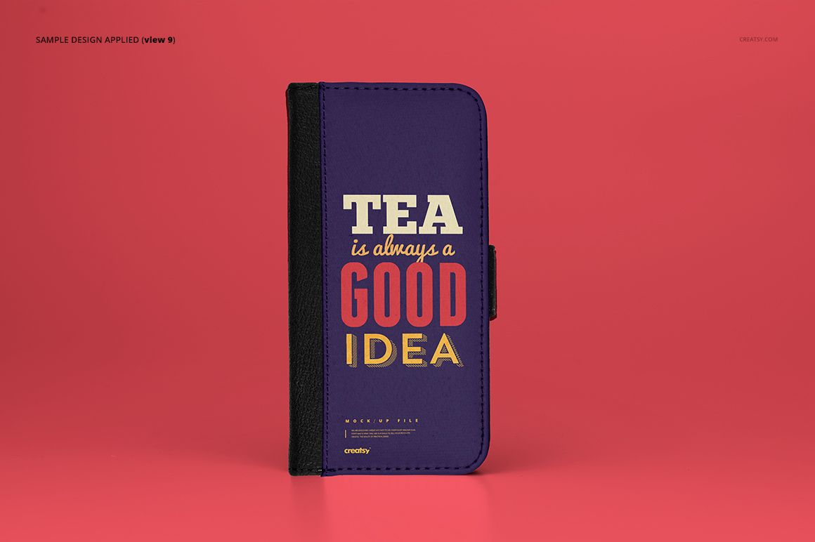 Foldable iPhone X case mockup standing upright on a solid pink background, featuring a bold text design.