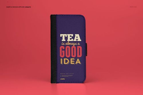 Foldable iPhone X case mockup standing upright on a solid pink background, featuring a bold text design.