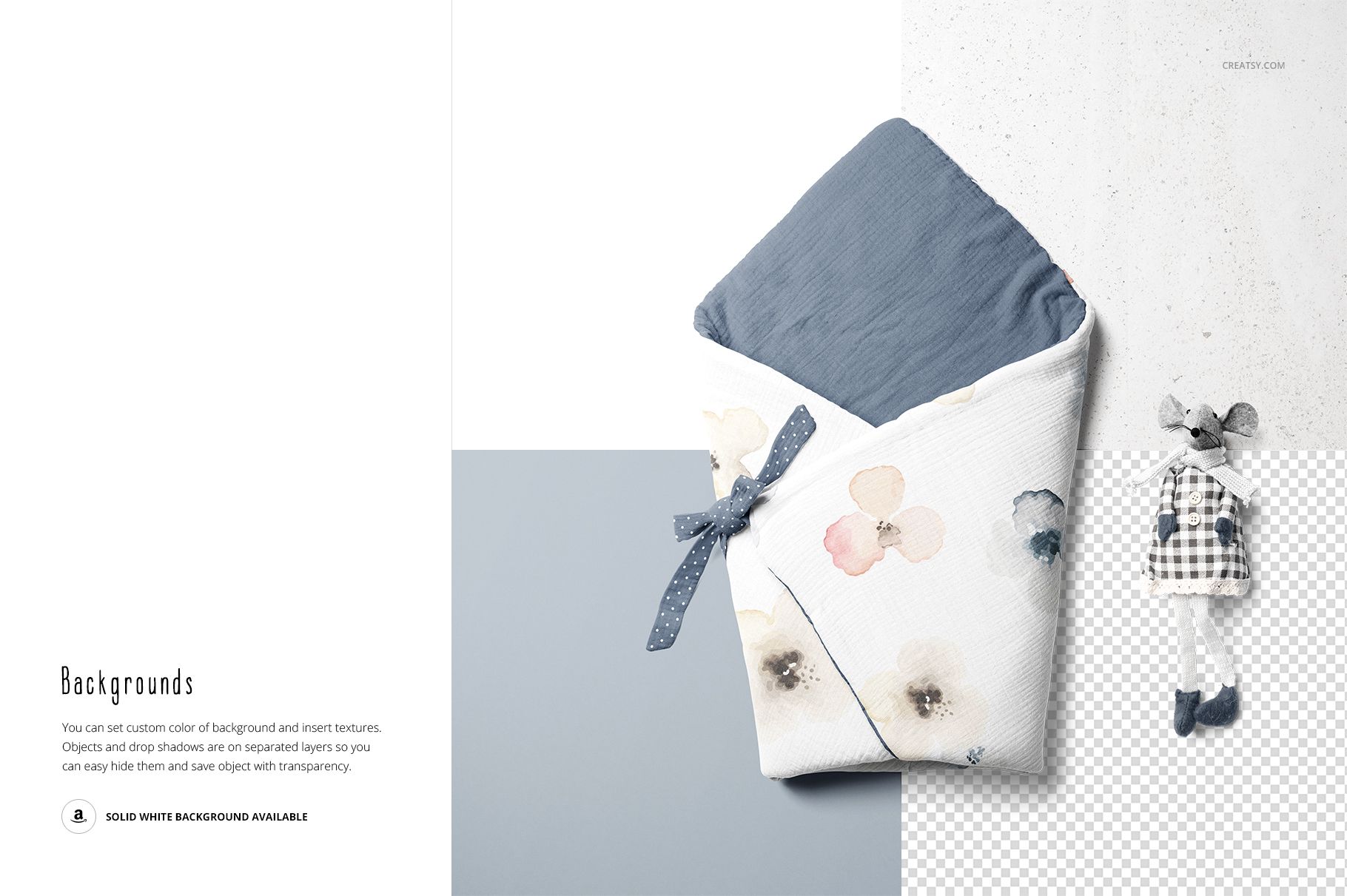 Newborn swaddle wrap mockup featuring a folded wrap with blue inner lining and soft floral pattern, top view.