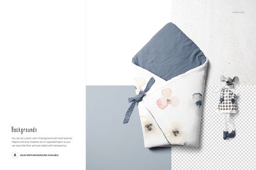 Newborn swaddle wrap mockup featuring a folded wrap with blue inner lining and soft floral pattern, top view.