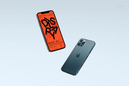 Floating iPhone 12 Pro mockup set featuring a close-up of the phone's rear and a bright orange PSD mockup screen.