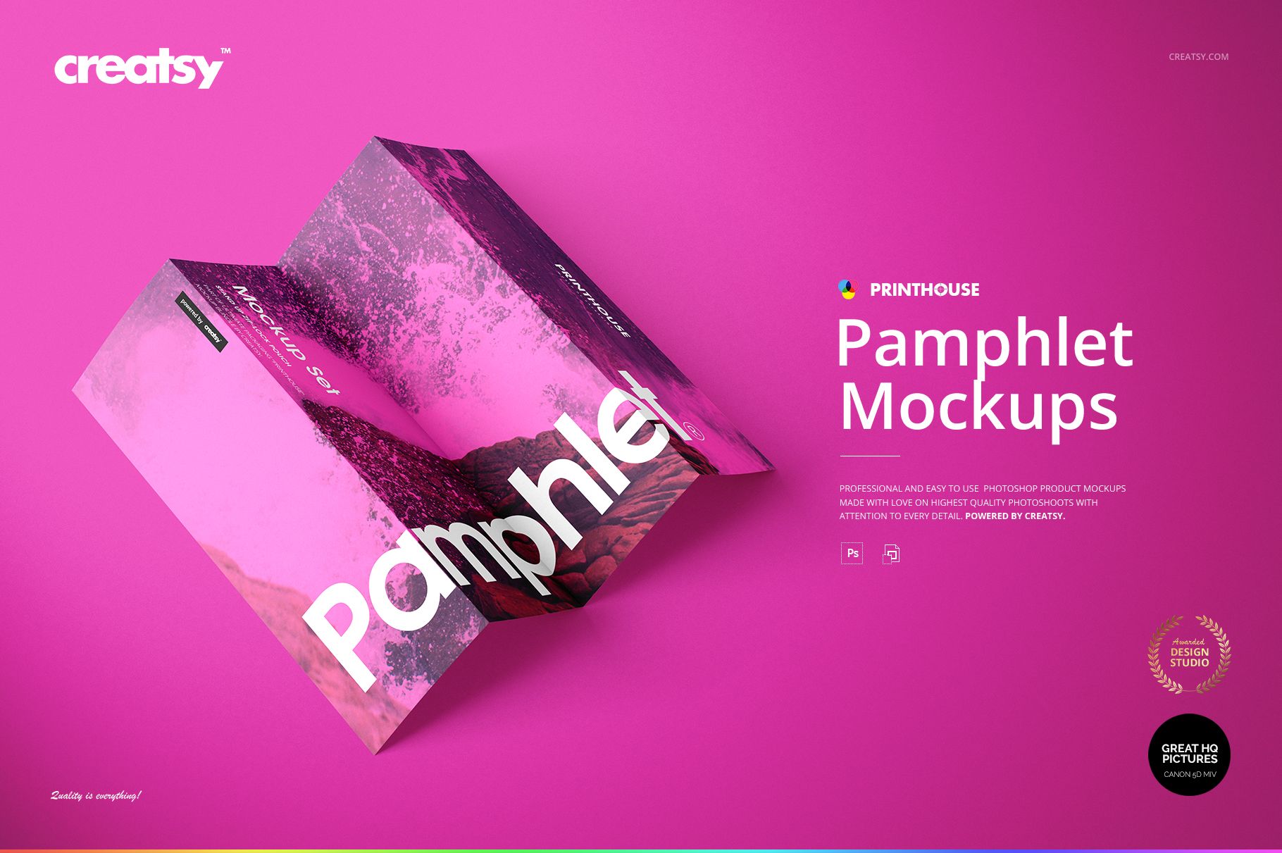 A folded pamphlet mockup displayed on a vibrant pink background, showing front and inner panels with abstract design.