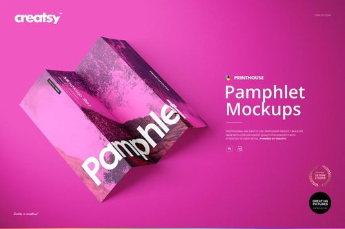 A folded pamphlet mockup displayed on a vibrant pink background, showing front and inner panels with abstract design.