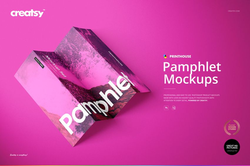 A folded pamphlet mockup displayed on a vibrant pink background, showing front and inner panels with abstract design.