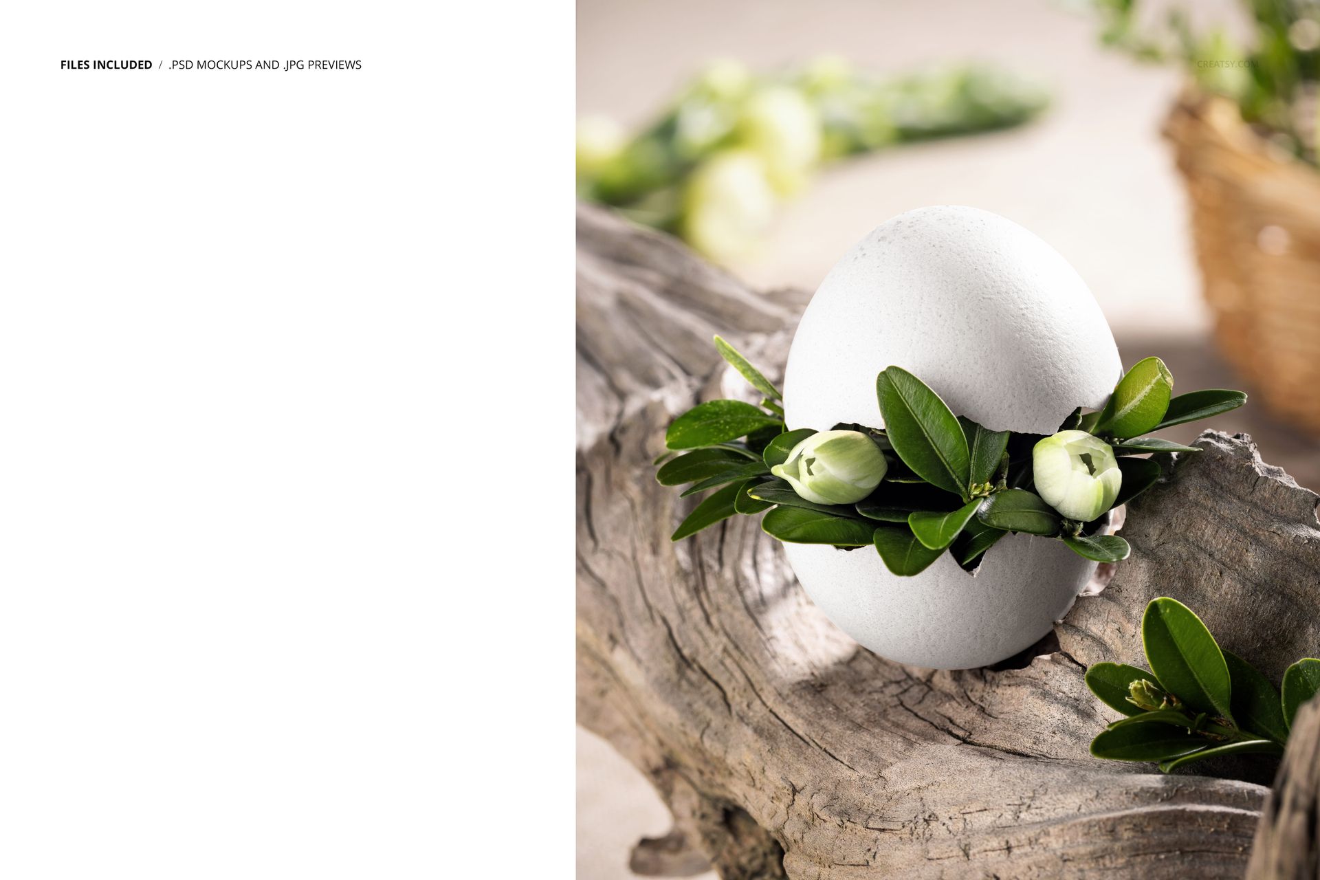 White Easter egg mockup resting on rustic wood, adorned with green boxwood leaves and small white flowers.