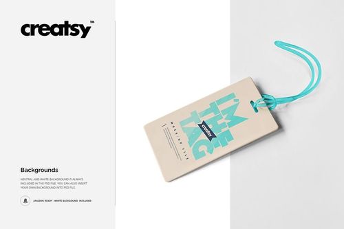 Rectangular luggage tag mockup with turquoise strap, beige surface, and bold blue text, shown on a white background.