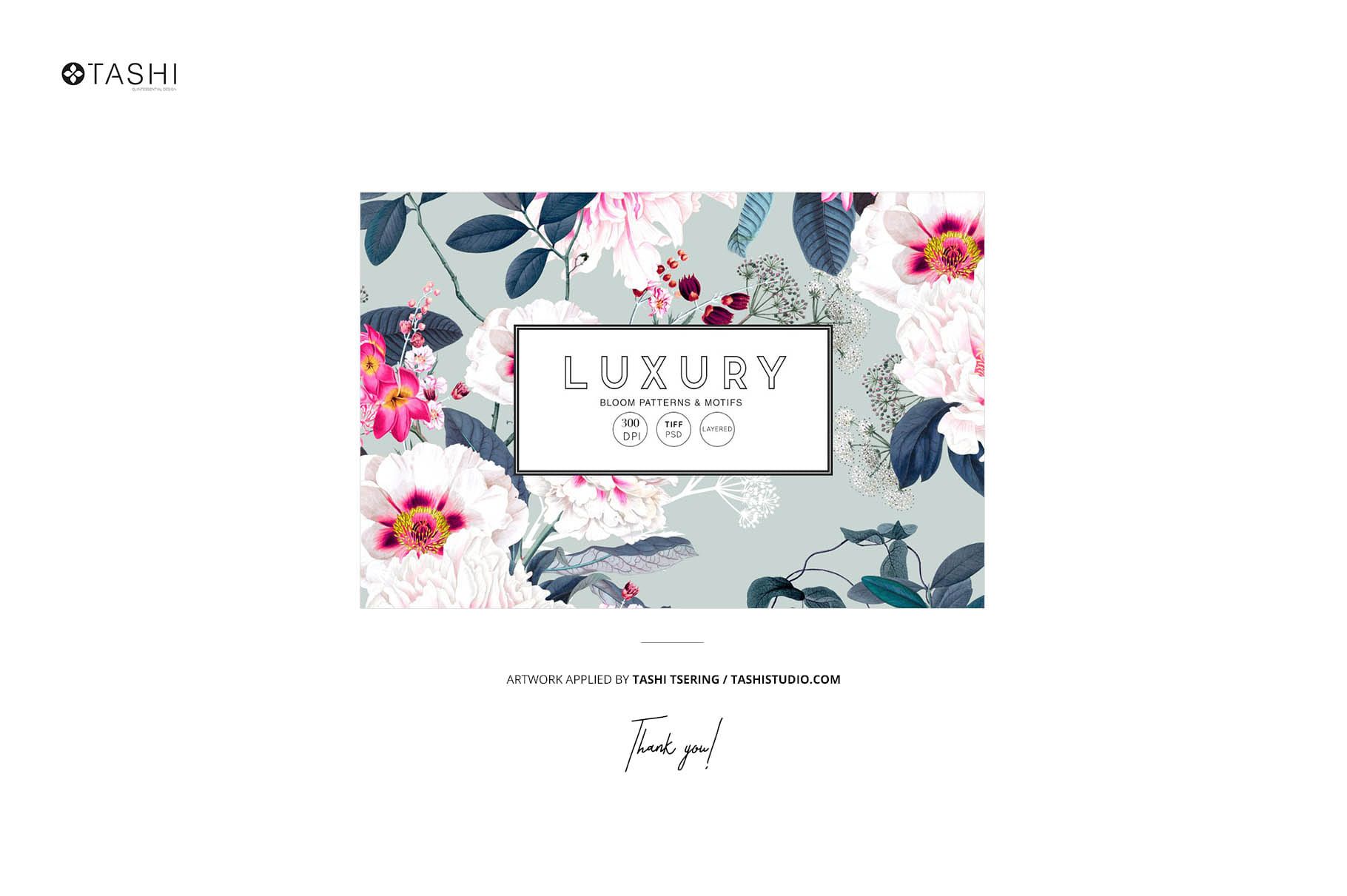 Front view of a silk swatch mockup featuring a floral pattern with white and pink flowers, green leaves, and a central label.