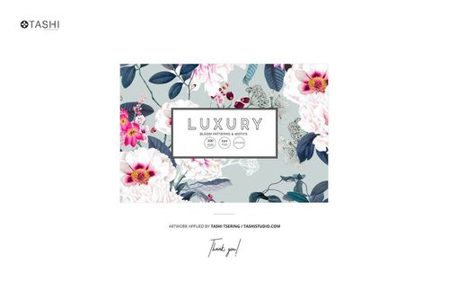 Front view of a silk swatch mockup featuring a floral pattern with white and pink flowers, green leaves, and a central label.