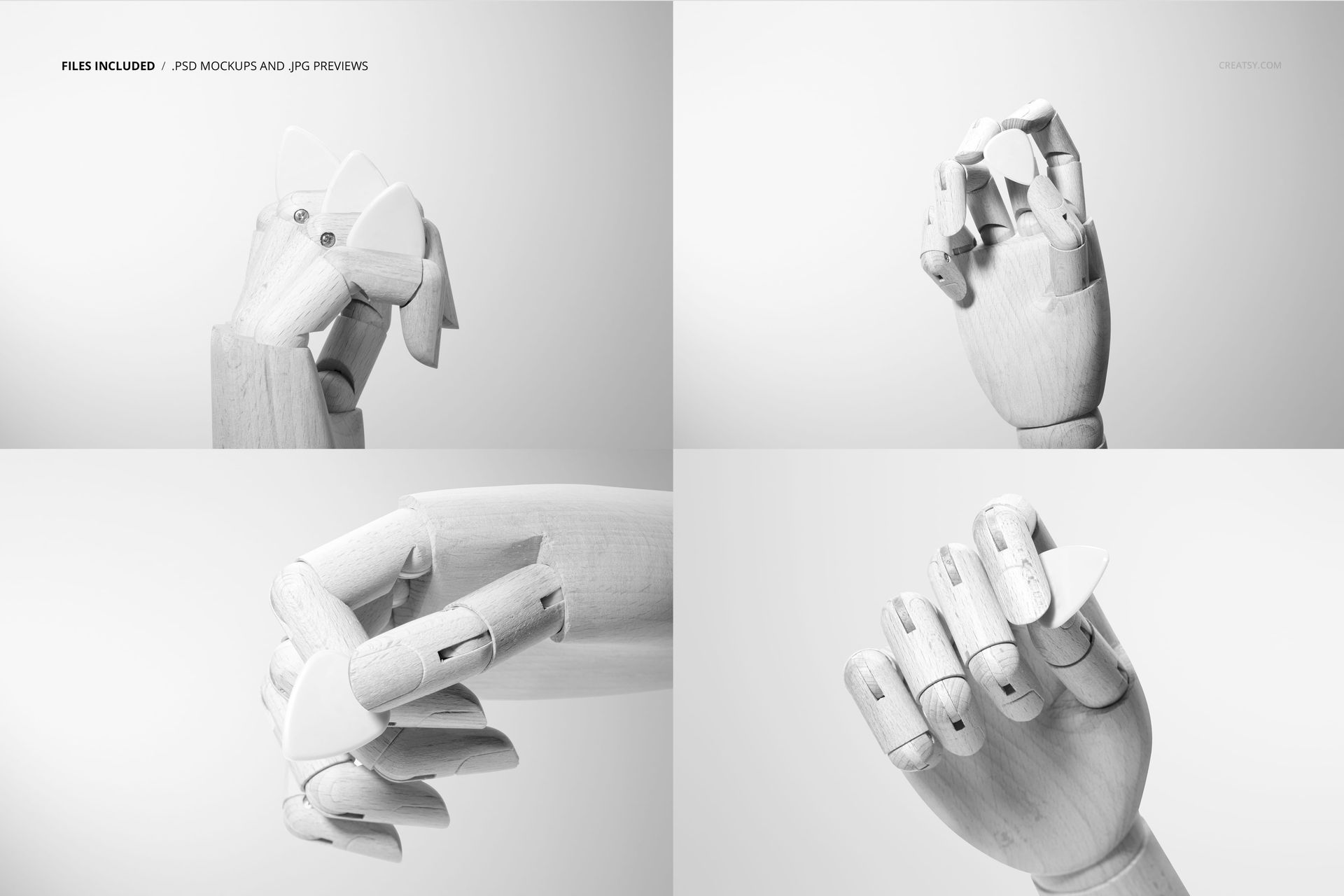 Wooden mannequin hand holding a guitar pick in various positions, shown in a clean, monochrome mockup scene.