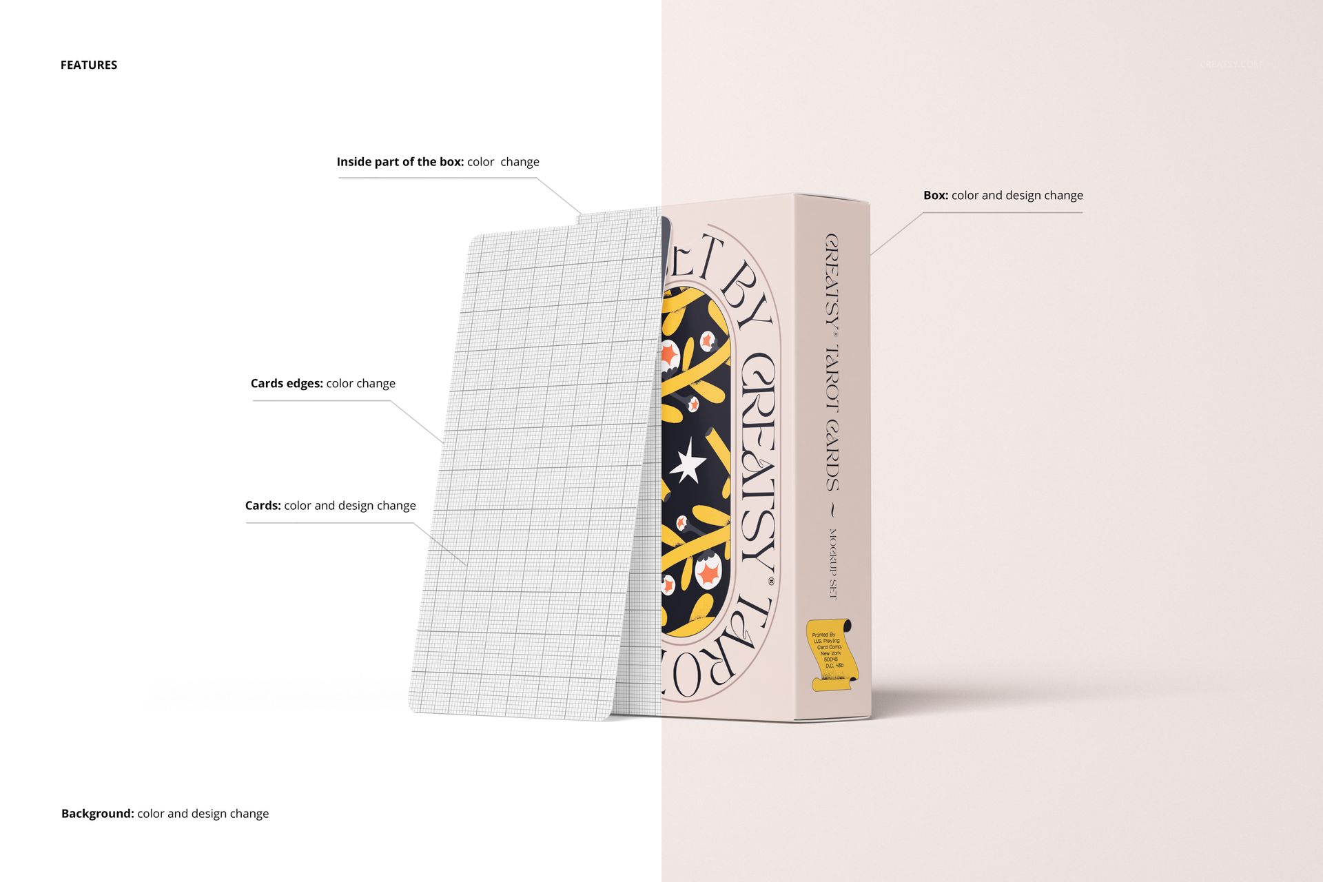 Tarot cards mockup set displayed with one card showing a grid pattern and another featuring a colorful design, next to a matching box.