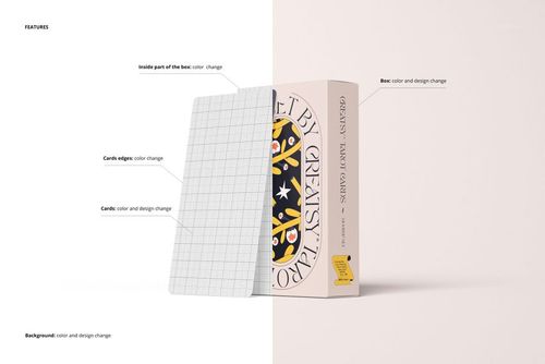 Tarot cards mockup set displayed with one card showing a grid pattern and another featuring a colorful design, next to a matching box.
