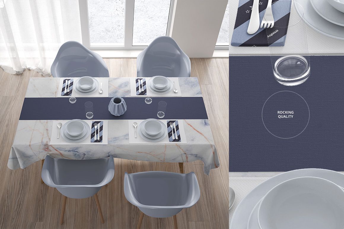 Top view of a table textiles mockup featuring a marble design tablecloth, navy runner, plates, glasses, and cutlery.