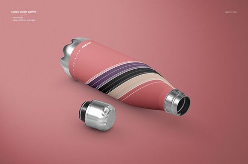 Insulated stainless steel water bottle mockup featuring a matte pink finish with curved stripes, shown with cap off.
