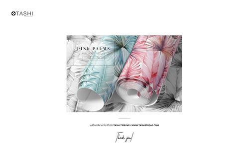 Front view of two rolled wallpaper sheets with tropical palm patterns in pink and blue, displayed on a cafe interior mockup.