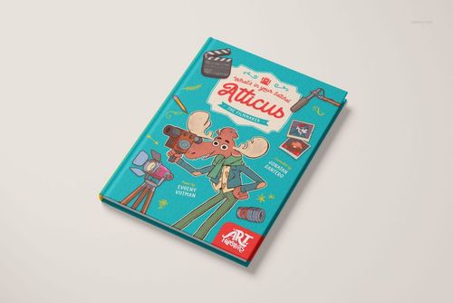PSD mockup of a hardcover book with a teal buckram cloth cover and playful graphics, displayed in perspective view.