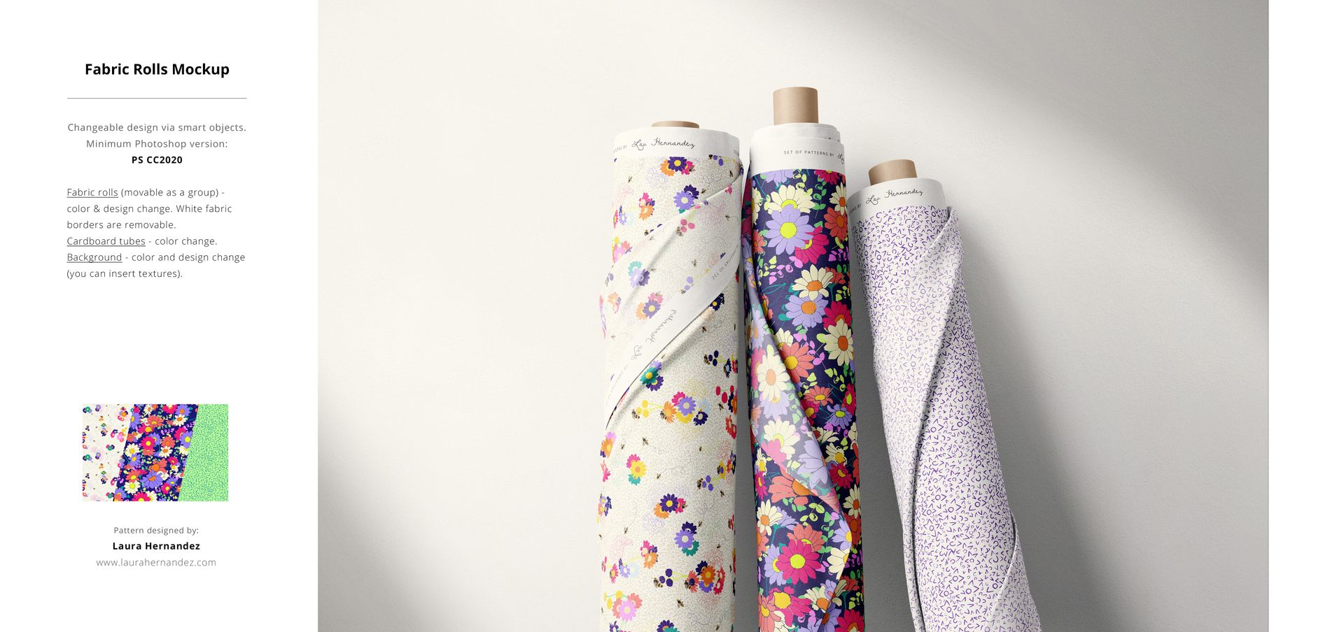 Three fabric rolls with colorful floral and dotted patterns displayed upright against a light background, front view.