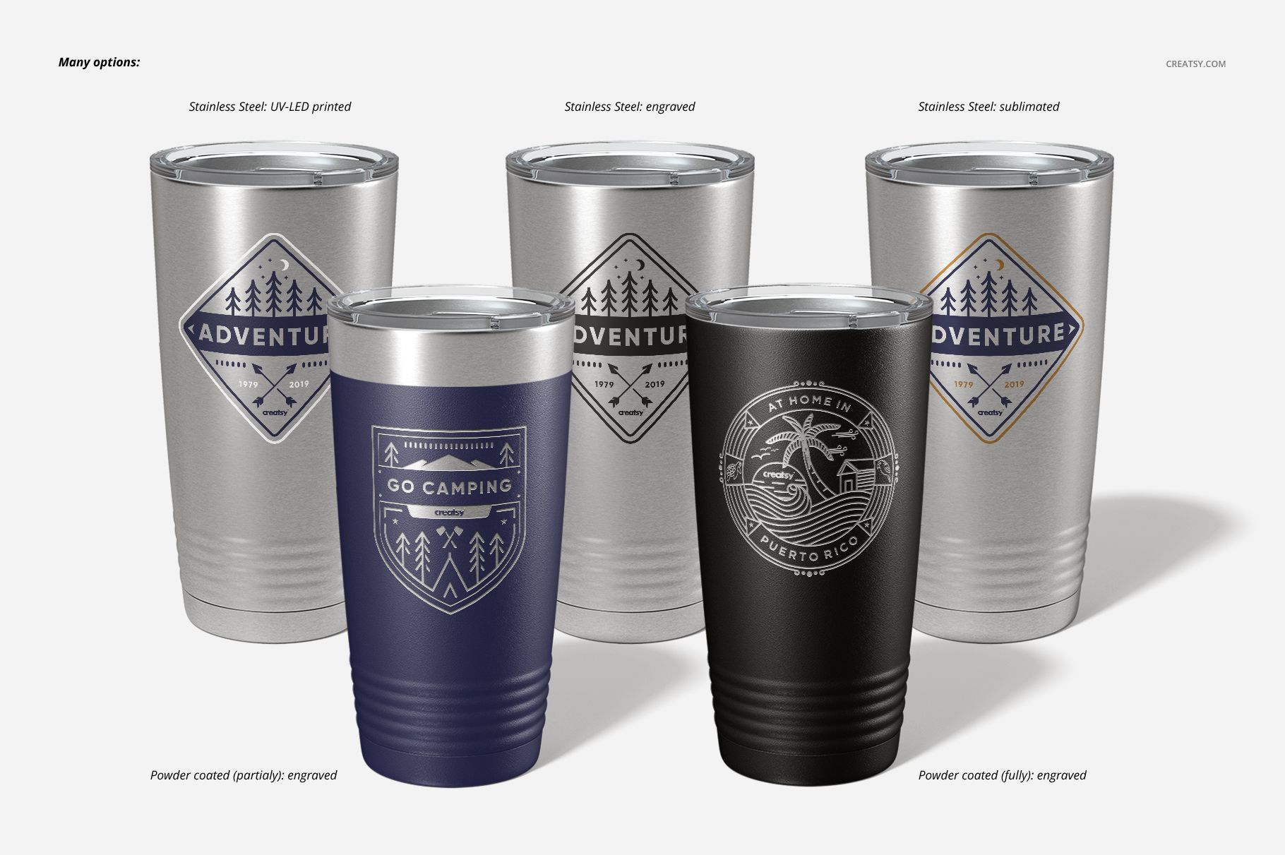Front view of five 20oz stainless steel tumblers with various finishes and engraved or printed designs, arranged on a light background.