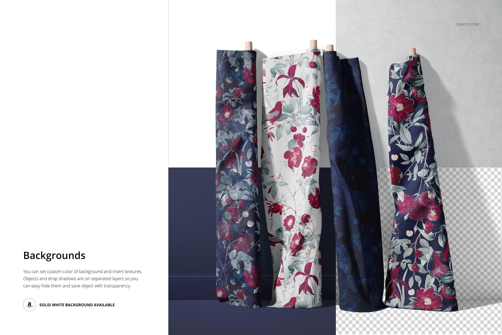 PSD mockup of three patterned fabric rolls, each with floral motifs, presented against a divided white and transparent backdrop.