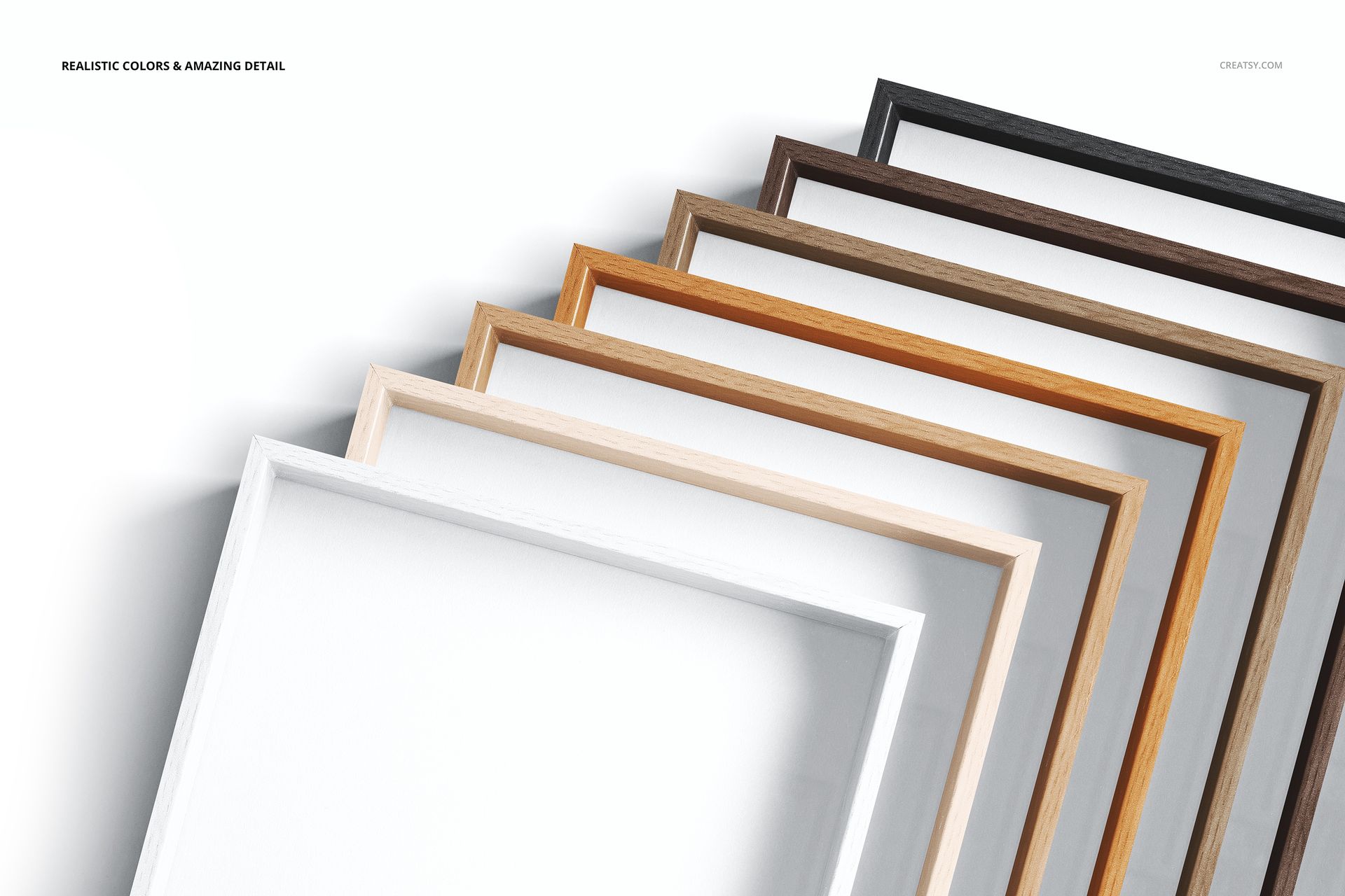 PSD mockup set featuring multiple wooden picture frames in distinct colors, viewed from above on a clean white surface.
