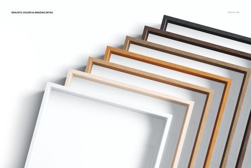 PSD mockup set featuring multiple wooden picture frames in distinct colors, viewed from above on a clean white surface.
