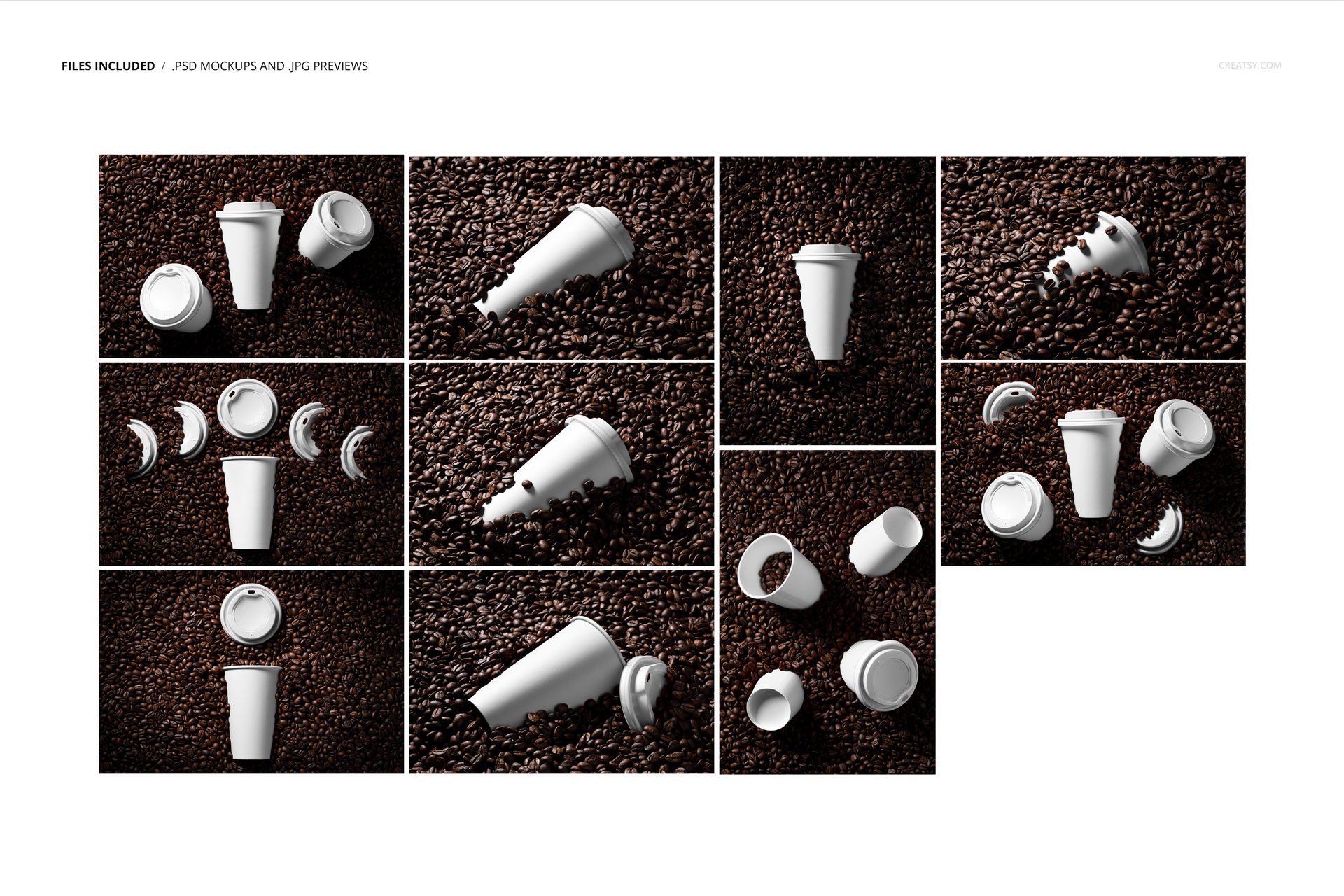 Multiple white paper cups and lids arranged on coffee beans, presented from top and side views in a PSD mockup set.