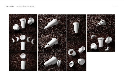 Multiple white paper cups and lids arranged on coffee beans, presented from top and side views in a PSD mockup set.
