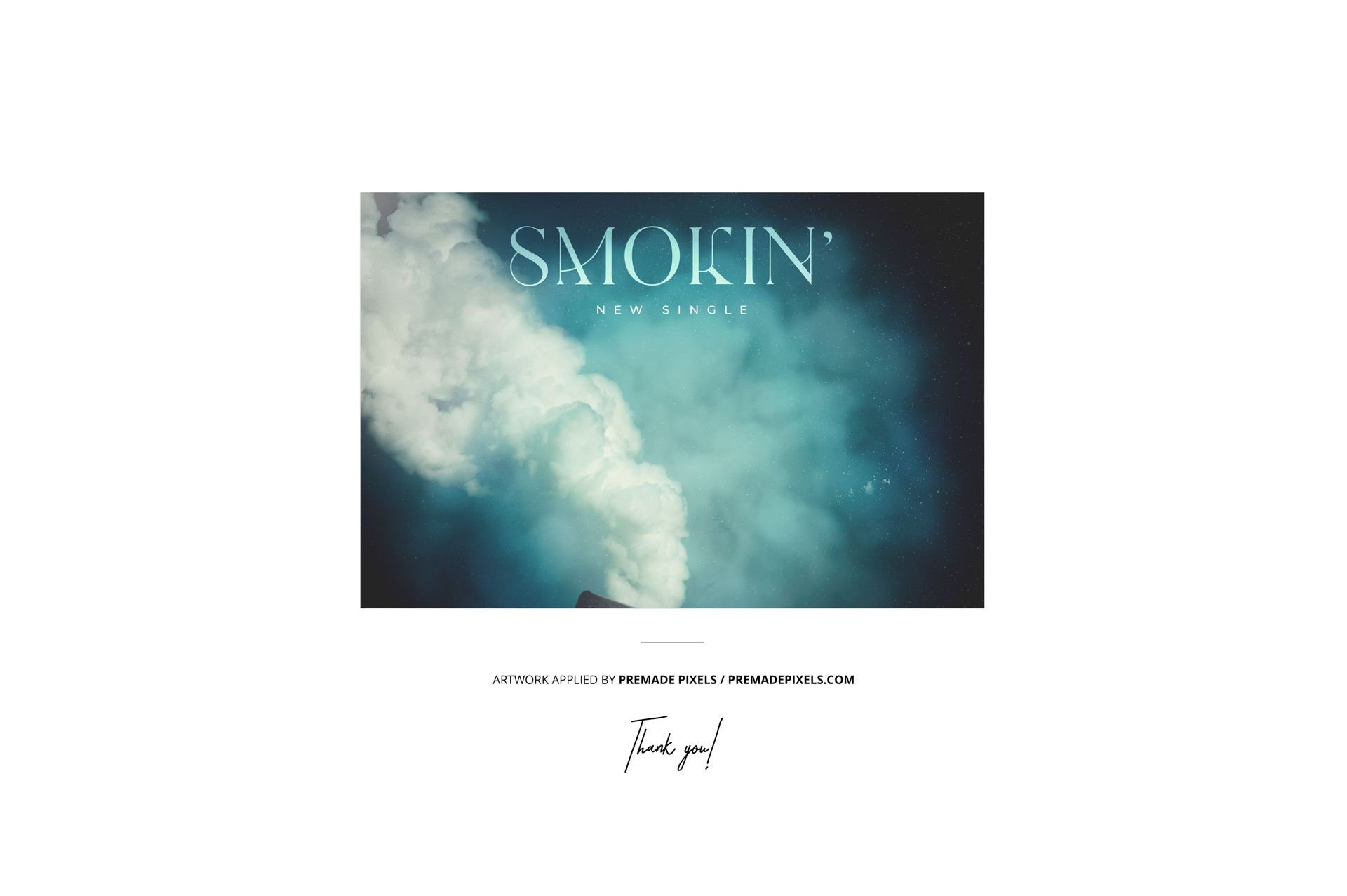 Front view of a vinyl record cover mockup featuring a smoke effect against a teal and blue cloudy background.