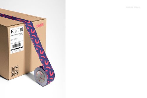 Front view of a packaging mockup set featuring a labeled shipping box and a roll of tape with a pink and blue pattern.