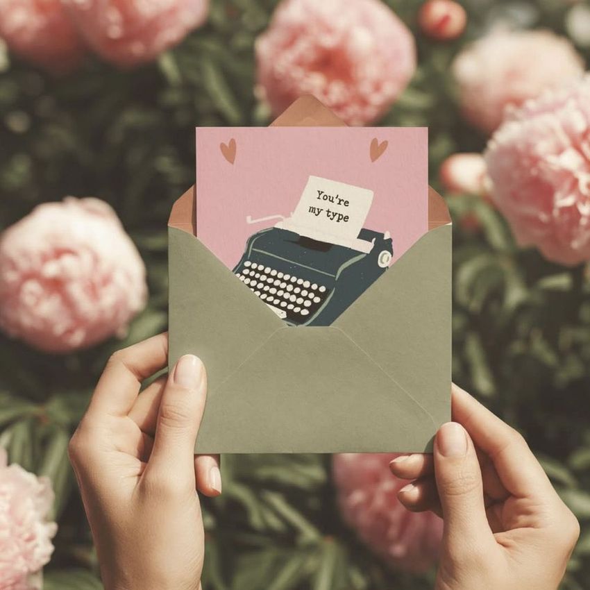 Greeting card mockup with a typewriter design and message, held above a garden of large pink peony flowers.