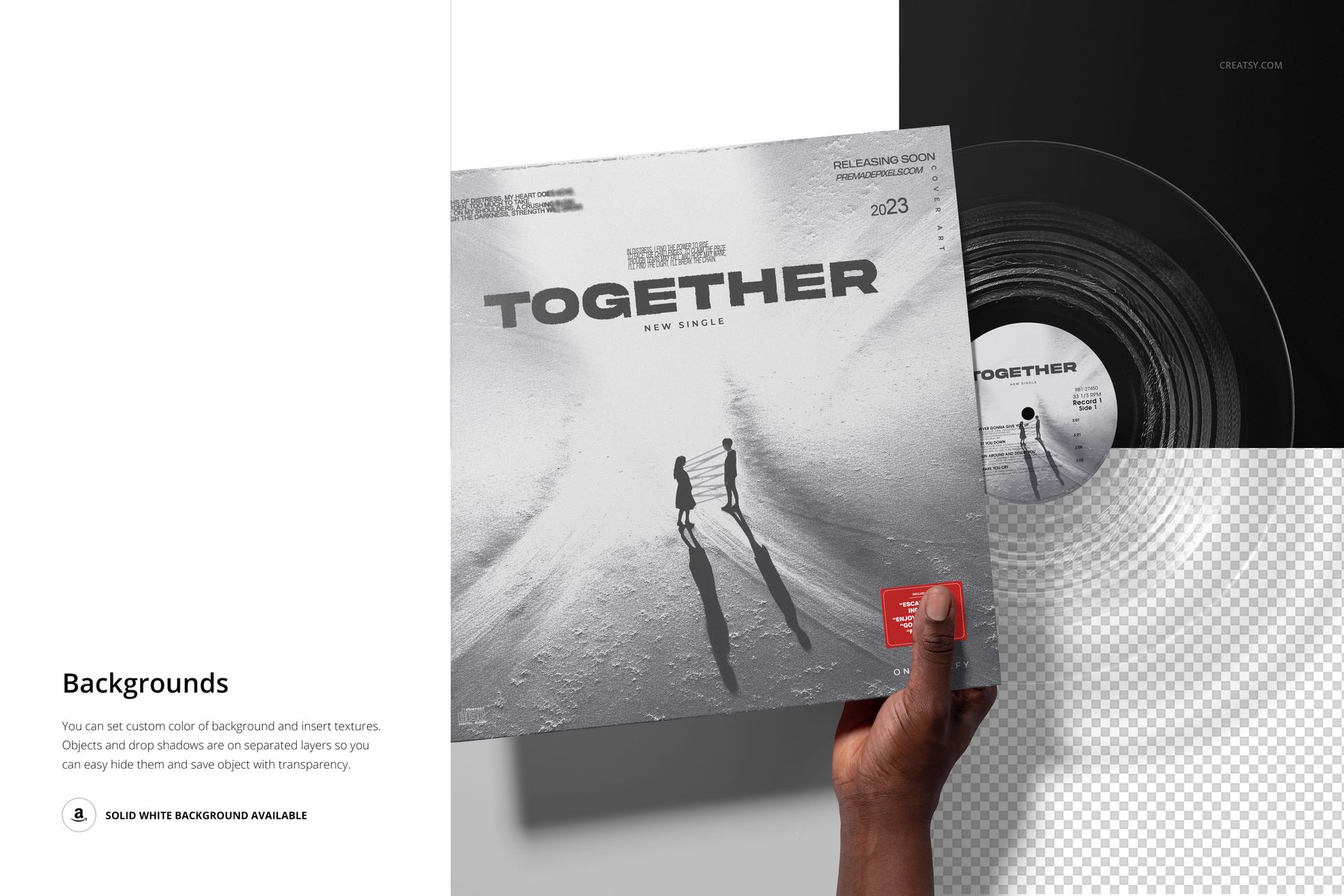 Clear vinyl record in a modern album cover mockup, showing front perspective with shadowed figures on the artwork.