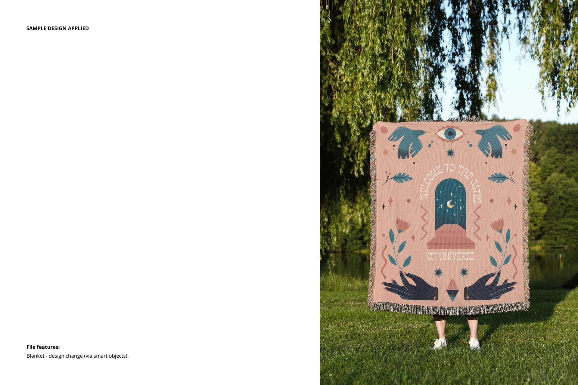 Jacquard fringed blanket mockup with abstract shapes and hands, displayed in front of a tree near water.
