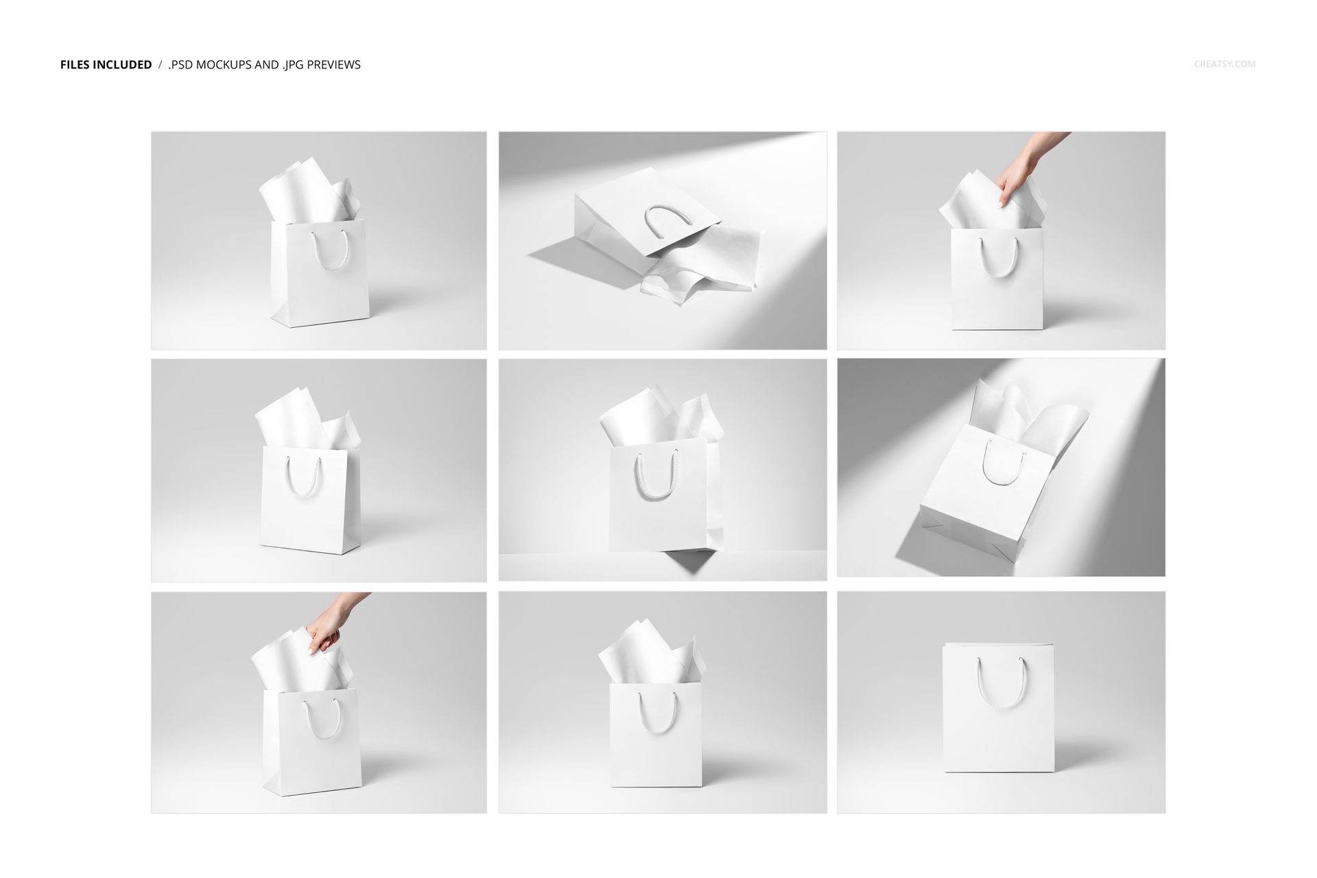 White gift bag mockup with decorative tissue paper, shown from various angles and perspectives on a light background.