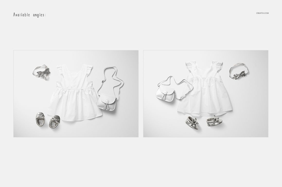 Front and angled views of a white baby dress mockup with matching shoes and accessories on a light background.