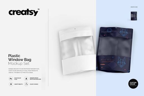 Two plastic window bags shown side by side, featuring clear windows and different color schemes, presented as a mockup.