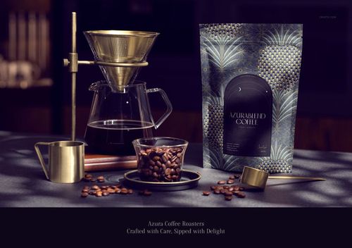 Coffee packaging mockup set featuring a patterned bag, glass carafe, brass coffee accessories, and coffee beans on a dark table.