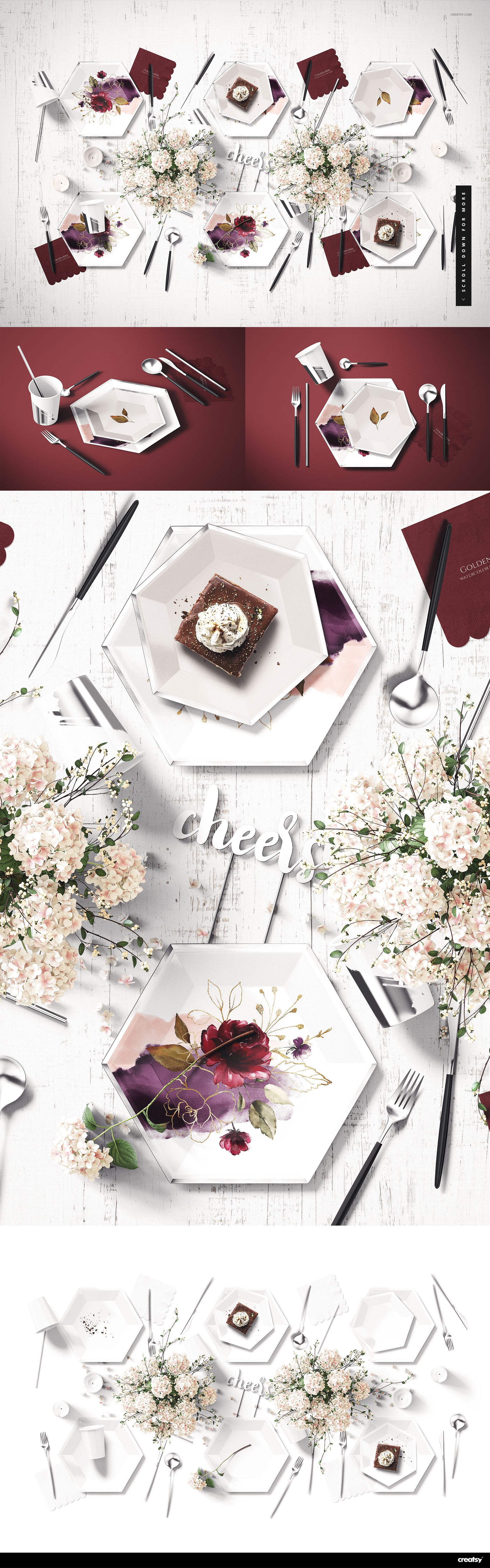 Party supplies mockup featuring hexagonal plates, burgundy napkins, silverware, and floral arrangements on a white table.