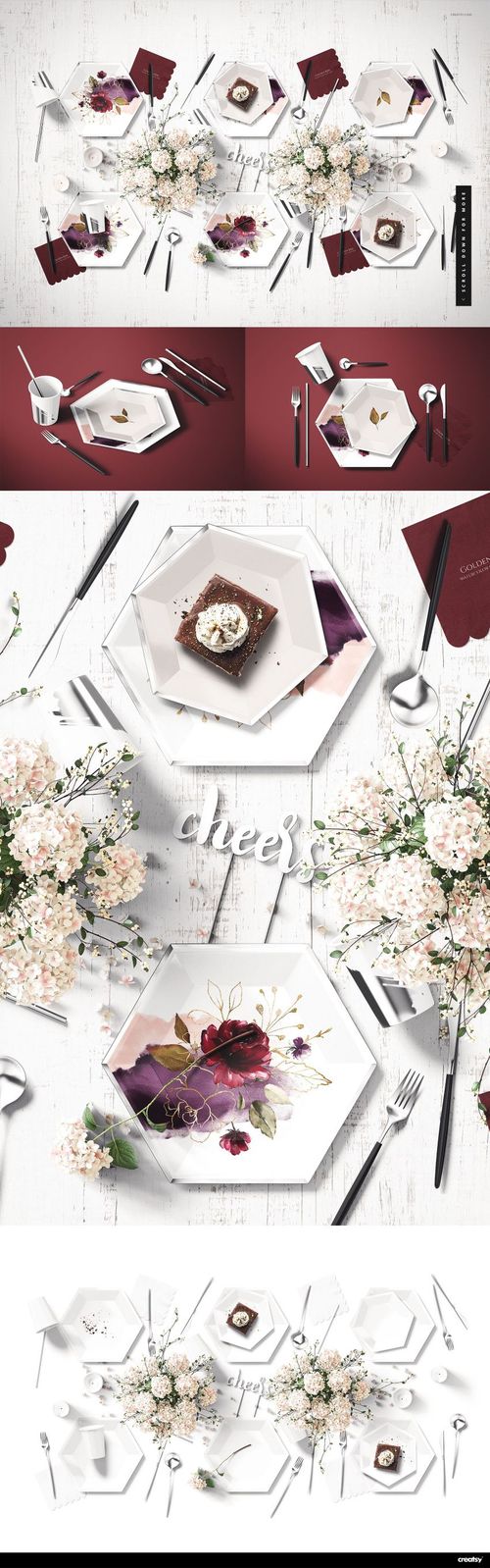 Party supplies mockup featuring hexagonal plates, burgundy napkins, silverware, and floral arrangements on a white table.