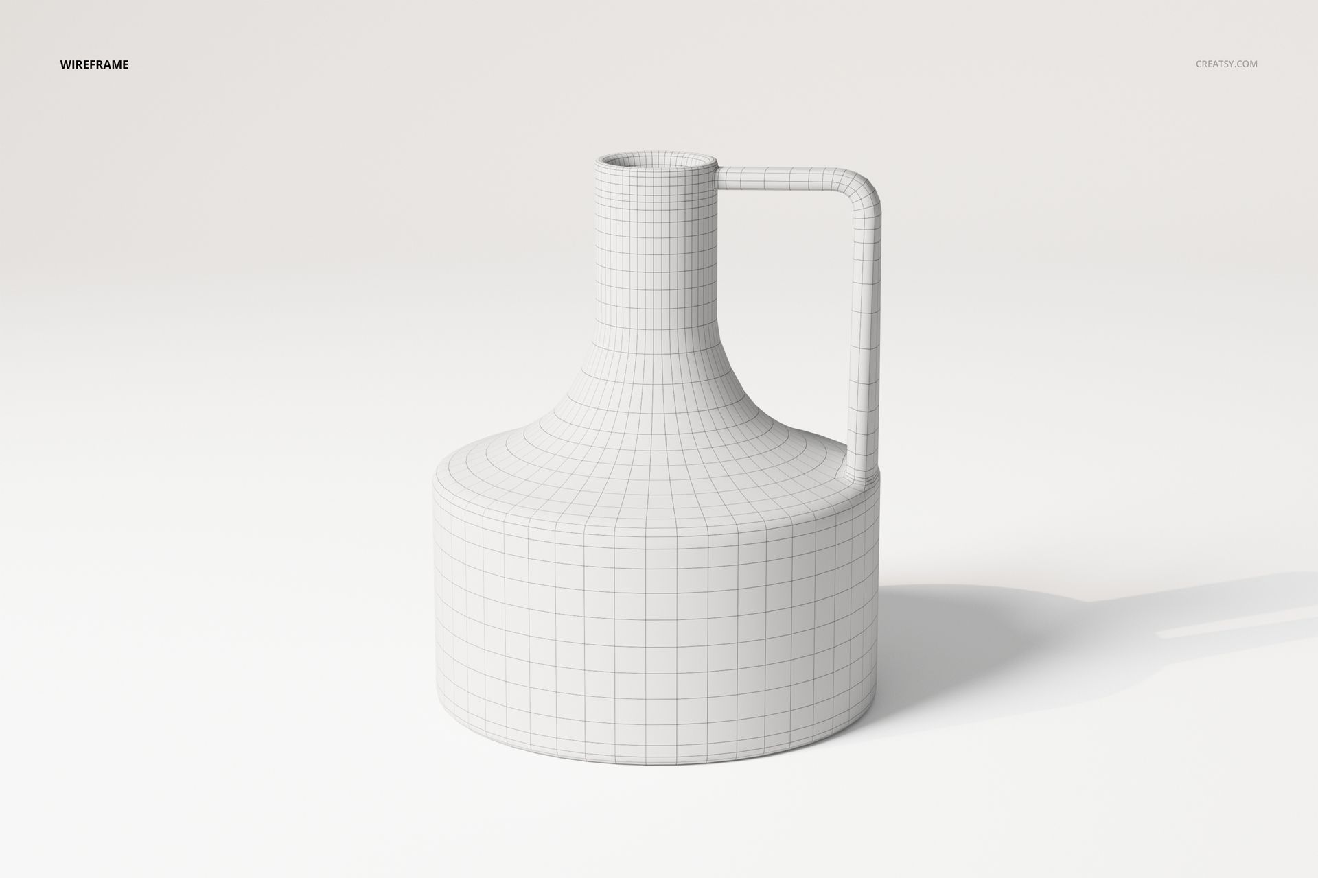 Front view of a decorative pitcher vase 3D model with a cylindrical base and grid wireframe pattern on a white background.