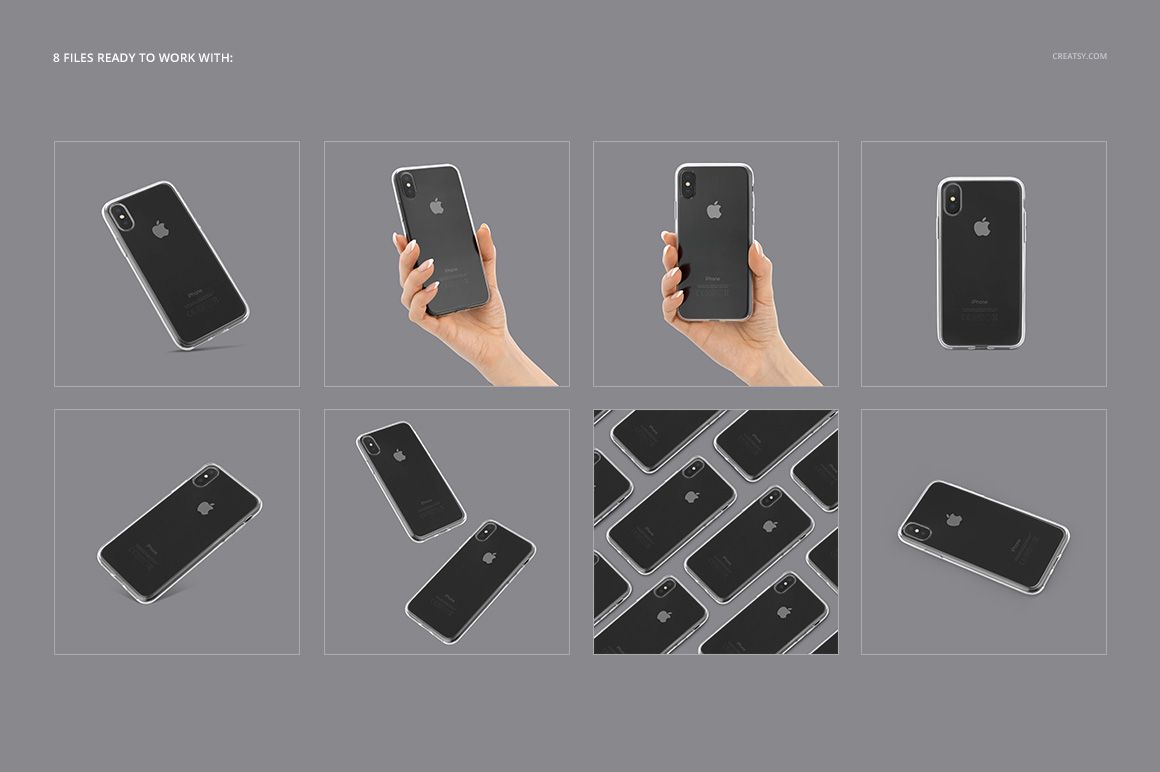 Clear case mockup for iPhone X displayed in multiple angles, featuring a black phone on a neutral gray background.