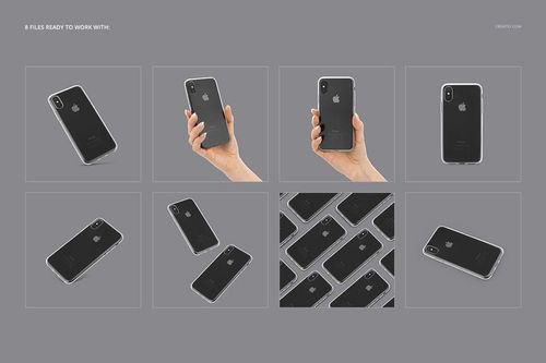 Clear case mockup for iPhone X displayed in multiple angles, featuring a black phone on a neutral gray background.