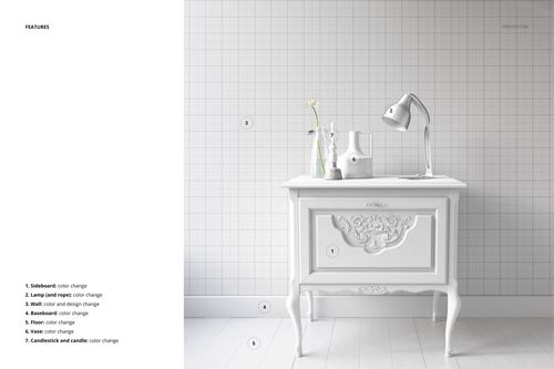 Minimalist interior mockup featuring a white sideboard, lamp, and vases on a light wood floor with a grid wallpaper backdrop.