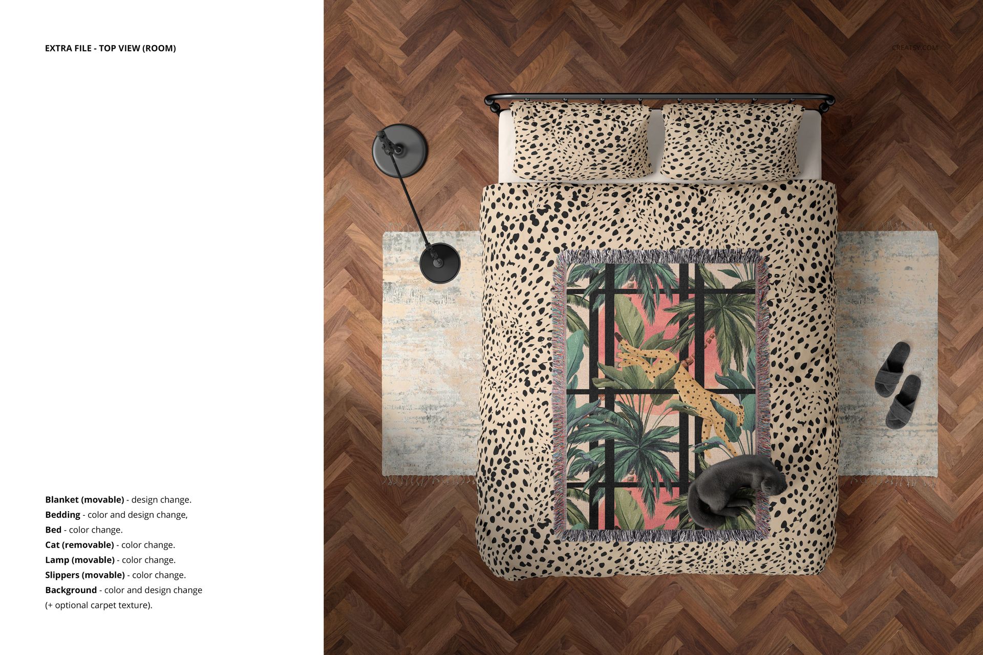 Mockup set showing a jacquard woven blanket and bedding on a bed, with a cheetah and palm design and size comparison.